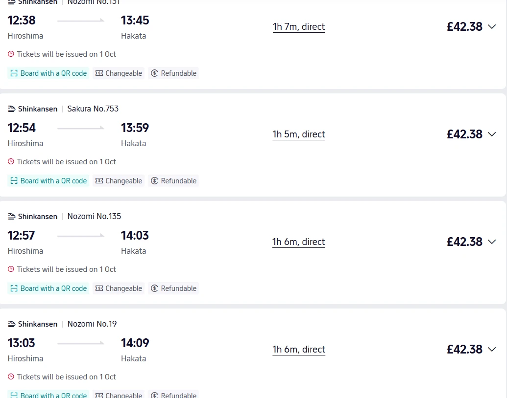 Hiroshima → Hakata shinkansen